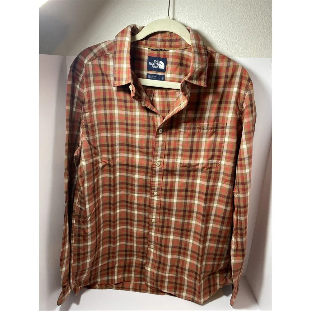 North Face Shirt Mens Large Long Sleeve Button Front Plaid Pocket‎ Outdoors C1
